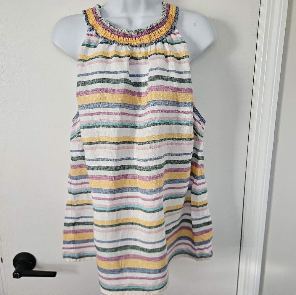 Talbots Womens Top L Linen Stripe Halter Coastal Relaxed Rainbow Pastel Resort